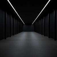 Minimalist black corridor with linear lighting and empty space photo