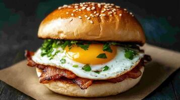 Delicious breakfast sandwich with egg, bacon, and fresh herbs photo
