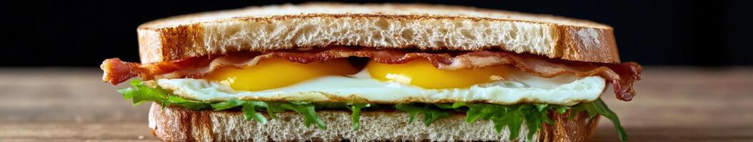 Breakfast sandwich with fried eggs and bacon on whole grain bread photo