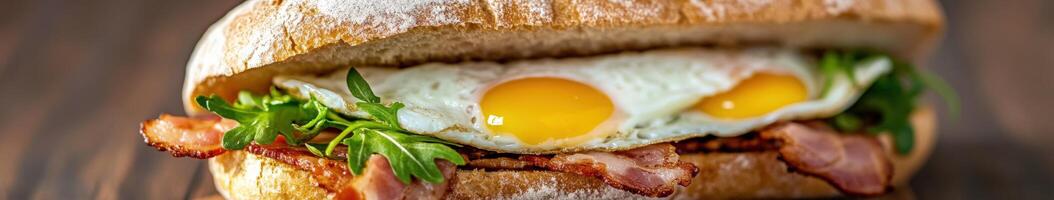 Delicious breakfast sandwich with eggs, bacon, and greens served fresh photo