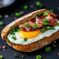 Delicious breakfast sandwich with egg and bacon on a black countertop photo