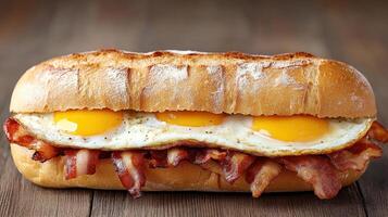 Savory breakfast sandwich with bacon and fried eggs photo