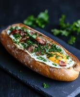 Breakfast bread topped with egg, bacon, and herbs on a dark plate photo