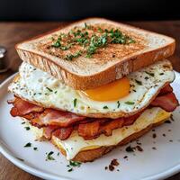 Delicious breakfast sandwich with eggs and bacon on toasted bread photo