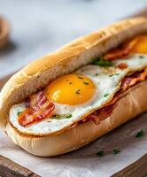 Breakfast sandwich with bacon and eggs served on a wooden board photo