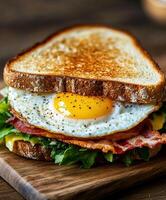 Delicious breakfast sandwich with egg, bacon, and fresh greens photo