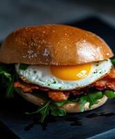 Delicious breakfast sandwich with egg and bacon on a wooden table photo