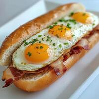 Delicious breakfast sandwich with fried eggs and crispy bacon photo