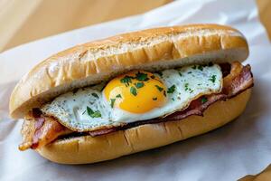 Savory breakfast sandwich with egg, bacon, and herbs on bun photo