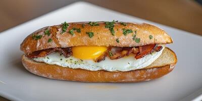 Delicious breakfast sandwich with fried egg and crispy bacon photo