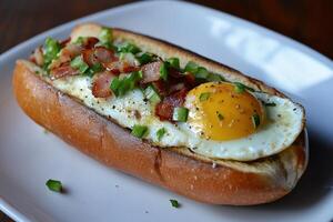 Delicious breakfast sandwich with egg and bacon on toasted bun photo