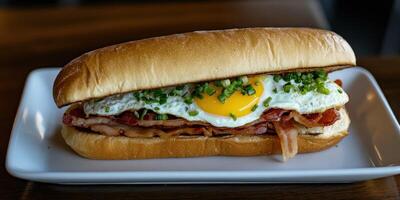 Delicious breakfast sandwich with egg, bacon, and green onions served hot photo