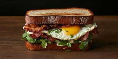 Delicious bacon and egg sandwich served on toasted bread photo