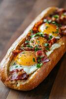 Delicious breakfast sandwich with eggs and crispy bacon photo