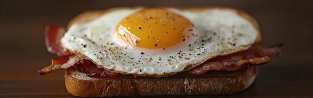 Breakfast sandwich with fried egg and bacon on toasted bread photo