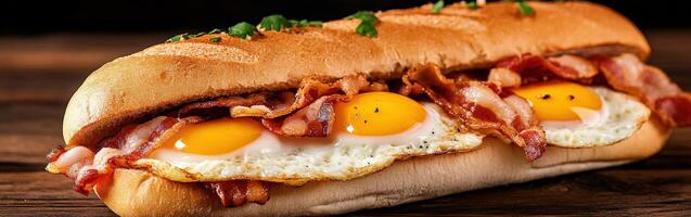 Delicious breakfast sandwich with eggs and bacon on a wooden table photo