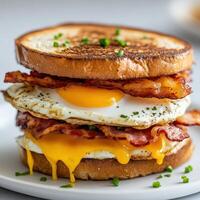 Stacked breakfast sandwich with bacon, egg, and toast served on a plate photo