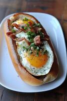 Delicious breakfast sandwich with fried eggs and crispy bacon photo