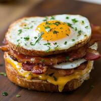 Delicious breakfast sandwich with bacon and fried egg on toasted bread photo