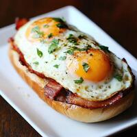 Delicious breakfast sandwich with crispy bacon and fried eggs photo