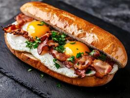 Breakfast sandwich with fried eggs and crispy bacon on a dark slate photo