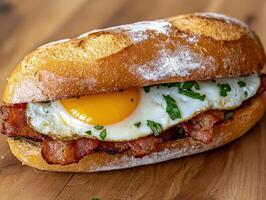 Delicious breakfast sandwich with fried egg and crispy bacon photo
