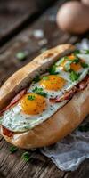 Breakfast sandwich with eggs, bacon, and herbs on wooden table photo