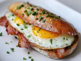 Breakfast sandwich with fried egg and crispy bacon on fresh bread photo