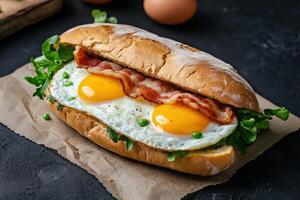 Savory breakfast sandwich with fried eggs and bacon on fresh bread photo