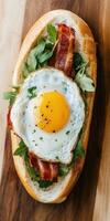 Delicious breakfast sandwich with fried egg and bacon on a wooden board photo