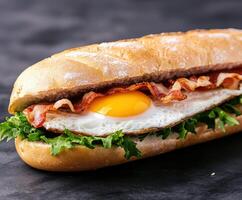 Breakfast sandwich with bacon, egg, and fresh lettuce on a baguette photo