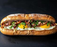 Breakfast sandwich with crispy bacon and fried eggs on rustic bread photo