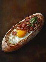 Delicious breakfast dish with egg and bacon in a baked bread bowl photo