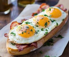 Delicious breakfast sandwich topped with sunny side up eggs and bacon photo