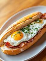 Delicious breakfast sandwich with egg and bacon on toasted bread photo
