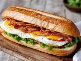 Delicious crispy bacon and egg sandwich on toasted bread photo