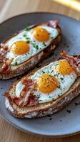 Delicious breakfast dish featuring eggs, bacon, and toast for brunch photo