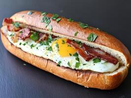 Delicious breakfast sandwich with egg, bacon, and herbs on a bun photo
