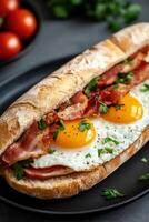 Delicious breakfast sandwich with eggs and bacon on crusty bread photo
