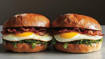 Breakfast sandwiches with eggs, bacon, and greens on fresh buns photo