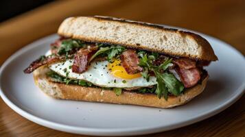 Delicious breakfast sandwich with egg and bacon served on toasted bread photo