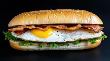 Delicious bacon and egg sandwich with fresh greens on a sesame bun photo
