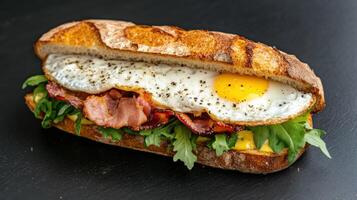 Delicious sandwich with bacon, egg, and fresh greens on rustic bread photo