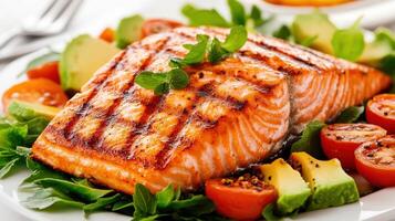 Grilled salmon served with colorful vegetables on a plate photo