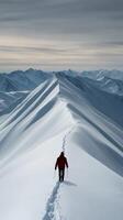 Man hiking on snow-covered mountain ridge during winter photo