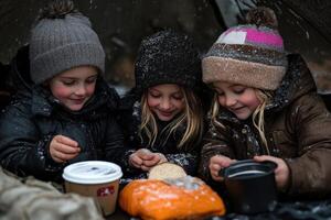 Kids enjoying a snowy day while camping in the woods photo