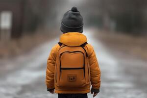 Child in an orange jacket and backpack on a winter road photo