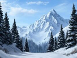 Snowy mountain landscape with evergreen trees and blue sky photo