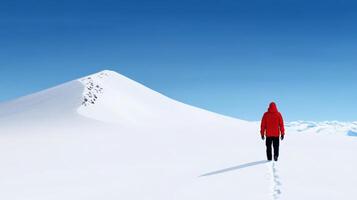 Hiker walking on snow-covered mountain under blue sky photo