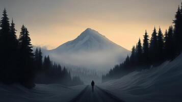 Hiker walking through misty forest towards majestic mountain photo